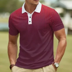 Hot OUKU Men's Geometic Polo Short Sleeve Polo Shirts Lapel Business Casual Athleisure Daily Wear 3D Print Buttons Summer Red Dark Navy Navy Blue