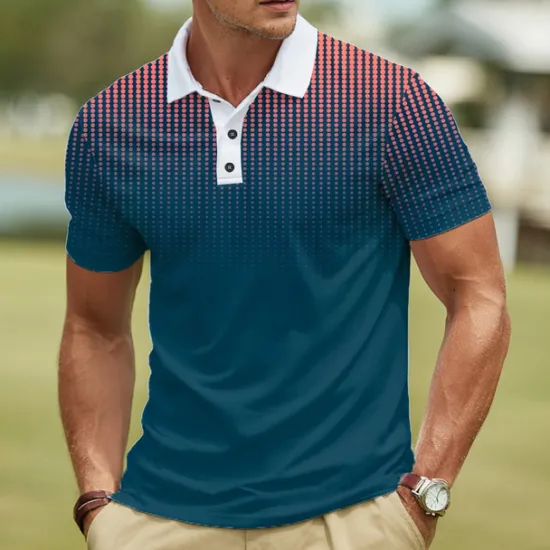 Hot OUKU Men's Geometic Polo Short Sleeve Polo Shirts Lapel Business Casual Athleisure Daily Wear 3D Print Buttons Summer Red Dark Navy Navy Blue