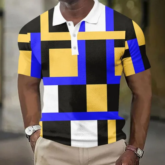 New OUKU Men's Geometic Waffle Polo Shirts Short Sleeve Polo Shirts Collared Shirts Business Casual Athleisure Wear to work Daily Wear Buttons 3D Print Summer Red Blue Sky Blue