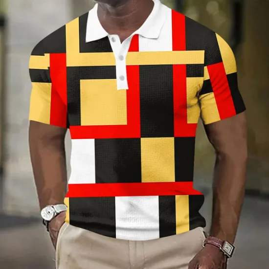 New OUKU Men's Geometic Waffle Polo Shirts Short Sleeve Polo Shirts Collared Shirts Business Casual Athleisure Wear to work Daily Wear Buttons 3D Print Summer Red Blue Sky Blue