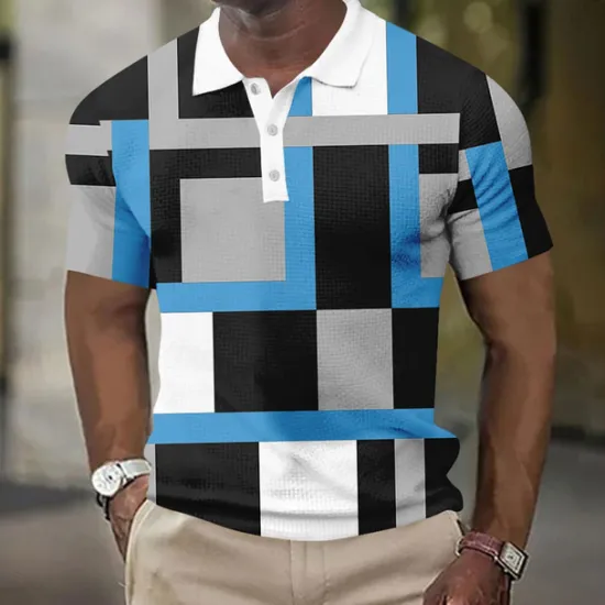 New OUKU Men's Geometic Waffle Polo Shirts Short Sleeve Polo Shirts Collared Shirts Business Casual Athleisure Wear to work Daily Wear Buttons 3D Print Summer Red Blue Sky Blue