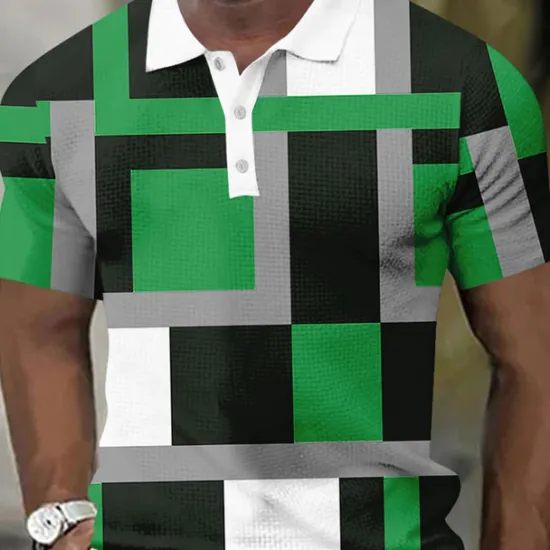 New OUKU Men's Geometic Waffle Polo Shirts Short Sleeve Polo Shirts Collared Shirts Business Casual Athleisure Wear to work Daily Wear Buttons 3D Print Summer Red Blue Sky Blue