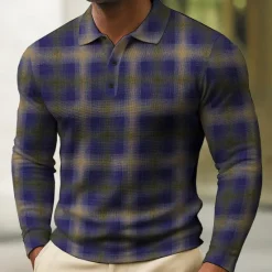 Hot OUKU Men's Geometic Waffle Polo Shirts Long Sleeve Polo Shirts Collared Shirts Business Casual Business Wear to work Daily Wear Buttons Spring Fall Winter Lake blue Orange Dark Blue