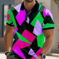 Clearance OUKU Men's Geometric Abstract Polo Short Sleeve Polo Shirts Collared Shirts Casual Street Athleisure Daily Wear 3D Print Buttons Summer Pink Blue Purple