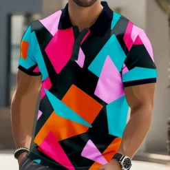 Clearance OUKU Men's Geometric Abstract Polo Short Sleeve Polo Shirts Collared Shirts Casual Street Athleisure Daily Wear 3D Print Buttons Summer Pink Blue Purple