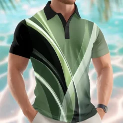 Best OUKU Men's Geometric Abstract Polo Short Sleeve Polo Shirts Lapel Casual Athleisure 3D Print Buttons Summer Blue Purple Green