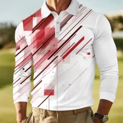 Discount OUKU Men's Geometric Abstract Polo Long Sleeve Polo Shirts Lapel Casual Outdoor Street Athleisure Daily Wear 3D Print Buttons Spring Fall Winter Red Blue Green