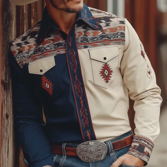 Online OUKU Men's Geometric Aztec Ethnic Shirt Western Shirt Cowboy Shirt Long Sleeve Vintage Retro Outdoor Casual WorkWear Spring Fall Turndown Front Two Pockets Linen Like Shirt Button Up Shirts Dark Blue