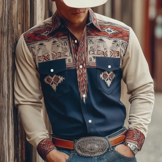 Online OUKU Men's Geometric Aztec Ethnic Shirt Western Shirt Cowboy Shirt Long Sleeve Vintage Retro Outdoor Casual WorkWear Spring Fall Turndown Front Two Pockets Linen Like Shirt Button Up Shirts Dark Blue