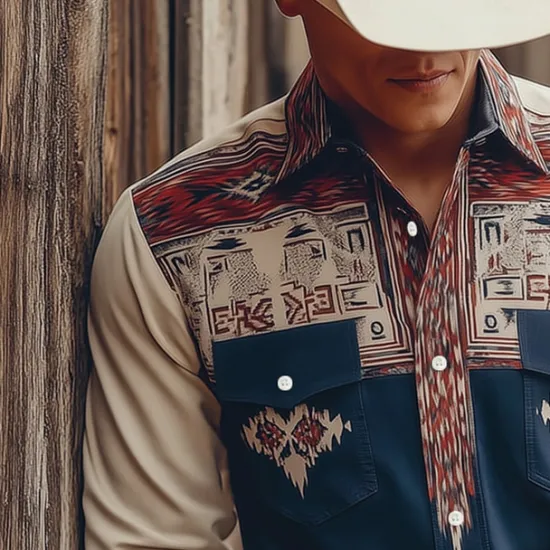 Online OUKU Men's Geometric Aztec Ethnic Shirt Western Shirt Cowboy Shirt Long Sleeve Vintage Retro Outdoor Casual WorkWear Spring Fall Turndown Front Two Pockets Linen Like Shirt Button Up Shirts Dark Blue