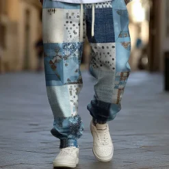 New OUKU Men's Geometric Color Block Patchwork Sweatpants Joggers Trousers Mid Waist Drawstring Elastic Waist Ethnic Vintage Retro Jogging Streetwear Workout Athletic Sweatpants with Pockets Spring Fall 3D