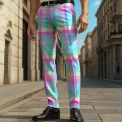 Discount OUKU Men's Geometric Color Block Grid / Plaid Dress Pants Trousers Casual Pants Mid Waist Casual Vacation Party Daily Summer Spring Fall 3D Print Yellow Blue Green