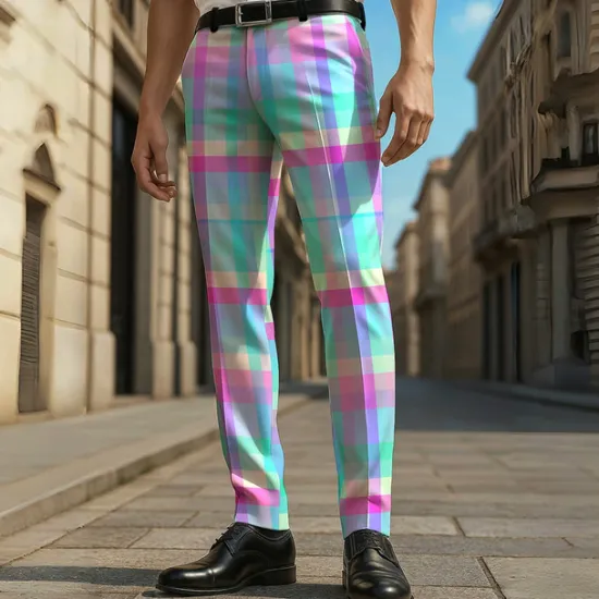 Discount OUKU Men's Geometric Color Block Grid / Plaid Dress Pants Trousers Casual Pants Mid Waist Casual Vacation Party Daily Summer Spring Fall 3D Print Yellow Blue Green
