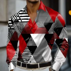 Best OUKU Men's Geometric Color Block Shirt Satin Shirt Dress Shirt Long Sleeve Fashion Casual Vacation Dailywear Summer Spring Fall Turndown 3D Print Button Up Shirts Red Blue Purple Green