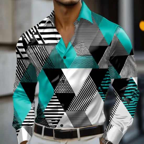 Best OUKU Men's Geometric Color Block Shirt Satin Shirt Dress Shirt Long Sleeve Fashion Casual Vacation Dailywear Summer Spring Fall Turndown 3D Print Button Up Shirts Red Blue Purple Green