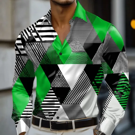 Best OUKU Men's Geometric Color Block Shirt Satin Shirt Dress Shirt Long Sleeve Fashion Casual Vacation Dailywear Summer Spring Fall Turndown 3D Print Button Up Shirts Red Blue Purple Green
