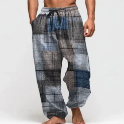Best OUKU Men's Geometric Color Block Trousers Baggy Pants Casual Pants Mid Waist Vintage Outdoor Vacation Elastic Drawstring Waist Linen-Like Pants with Pockets Summer Spring Fall 3D Print Blue Green Khaki