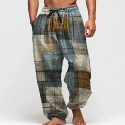 Best OUKU Men's Geometric Color Block Trousers Baggy Pants Casual Pants Mid Waist Vintage Outdoor Vacation Elastic Drawstring Waist Linen-Like Pants with Pockets Summer Spring Fall 3D Print Blue Green Khaki