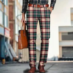 Sale OUKU Men's Geometric Color Block Plaid / Check Dress Pants Mid Waist Casual Outdoor Home Dailywear Zipper Pocket Summer Spring Fall 3D Print Yellow Red Blue