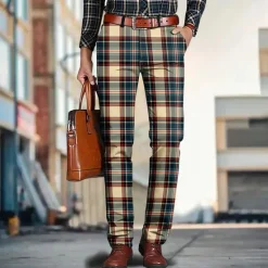 Sale OUKU Men's Geometric Color Block Plaid / Check Dress Pants Mid Waist Casual Outdoor Home Dailywear Zipper Pocket Summer Spring Fall 3D Print Yellow Red Blue