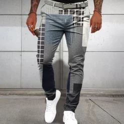 Hot OUKU Men's Geometric Color Block Patchwork Dress Pants Mid Waist Vintage Casual Formal Dailywear Pocket Summer Spring Fall Black And White