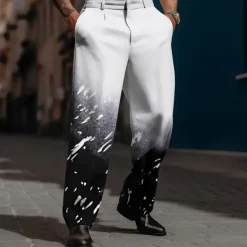 Hot OUKU Men's Geometric Dress Pants Mid Waist Business Casual Wedding Dailywear Pocket Straight Leg Trousers Summer Spring Fall 3D Print White