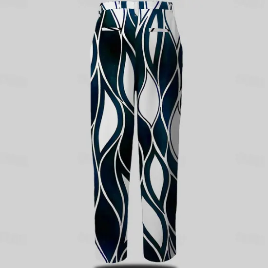 New OUKU Men's Geometric Dress Pants Mid Waist Business Casual Formal Dailywear Zipper Pocket Summer Spring Fall 3D Print White