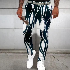 New OUKU Men's Geometric Dress Pants Mid Waist Business Casual Formal Dailywear Zipper Pocket Summer Spring Fall 3D Print White