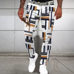 OUKU Men's Geometric Dress Pants Mid Waist Business Casual Formal Dailywear Pocket Summer Spring Fall 3D Print White