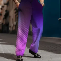 Hot OUKU Men's Geometric Dress Pants Mid Waist Business Casual Formal Dailywear Zipper Pocket Straight Leg Trousers Summer Spring Fall 3D Print Purple