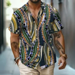 Discount OUKU Men's Geometric Ethic / African Shirt Button Up Shirt Short Sleeve Vintage Retro Vacation Dailywear Beach Wear Summer Spring Turndown 3D Print Linen Like Shirt Blue Khaki
