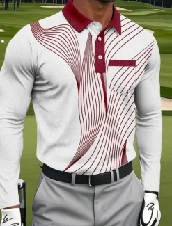Best OUKU Men's Geometric Golf Polo Sports Polo Shirts Long Sleeve Polo Shirts Collared Shirts Sportswear Business Casual Athleisure Daily Wear Pocket 3D Print Buttons Spring Fall Black Red Blue