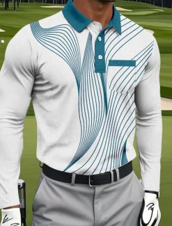 Best OUKU Men's Geometric Golf Polo Sports Polo Shirts Long Sleeve Polo Shirts Collared Shirts Sportswear Business Casual Athleisure Daily Wear Pocket 3D Print Buttons Spring Fall Black Red Blue