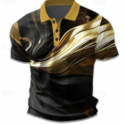 Online OUKU Men's Geometric Golf Shirt Short Sleeve Polo Shirts Collared Shirts Business Casual Vacation Wear Formal Wear Festival Wear Buttons 3D Print Summer Spring Yellow Green Gray