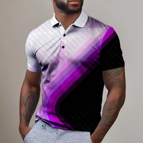 Hot OUKU Men's Geometric Golf Shirt Short Sleeve Polo Shirts Collared Shirts Business Casual Vacation Wear Formal Wear Festival Wear Buttons 3D Print Summer Red Blue Purple