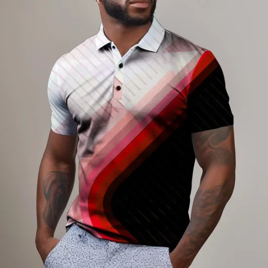 Hot OUKU Men's Geometric Golf Shirt Short Sleeve Polo Shirts Collared Shirts Business Casual Vacation Wear Formal Wear Festival Wear Buttons 3D Print Summer Red Blue Purple