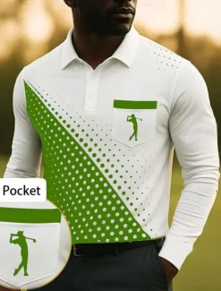 Best OUKU Men's Geometric Golf Sports Polo Shirts Long Sleeve Polo Shirts Collared Shirts Business Casual Business Athleisure Daily Wear Pocket 3D Print Buttons Spring Fall Winter White Red Blue