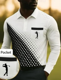 Best OUKU Men's Geometric Golf Sports Polo Shirts Long Sleeve Polo Shirts Collared Shirts Business Casual Business Athleisure Daily Wear Pocket 3D Print Buttons Spring Fall Winter White Red Blue