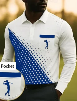 Best OUKU Men's Geometric Golf Sports Polo Shirts Long Sleeve Polo Shirts Collared Shirts Business Casual Business Athleisure Daily Wear Pocket 3D Print Buttons Spring Fall Winter White Red Blue