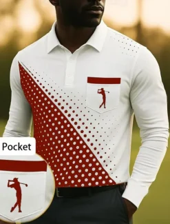Best OUKU Men's Geometric Golf Sports Polo Shirts Long Sleeve Polo Shirts Collared Shirts Business Casual Business Athleisure Daily Wear Pocket 3D Print Buttons Spring Fall Winter White Red Blue
