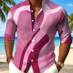 Outlet OUKU Men's Geometric Gradient Color Shirt Button Up Shirt Stand Collar Shirt Long Sleeve Casual Outdoor Vacation Daily Spring Fall Mandarin Collar Band Collar 3D Print Linen Like Shirt Pink Blue Orange