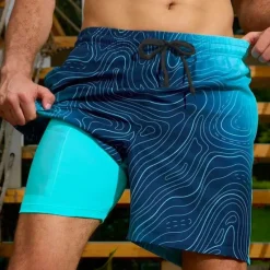 Sale OUKU Men's Geometric Gradient Color Lined Shorts 2 in 1 Board Shorts Swim Shorts Mid Waist Hawaiian Vacation Holiday Beach Wear Side Pockets With Compression Liner Elastic Drawstring Waist Designer