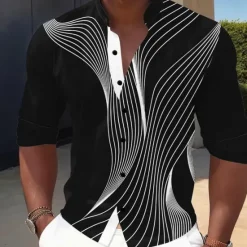 Online OUKU Men's Geometric Gradient Line Shirt Button Up Shirt Stand Collar Shirt Long Sleeve Casual Outdoor Vacation Daily Spring Fall Mandarin Collar Band Collar 3D Print Linen Like Shirt Blue Black-Red