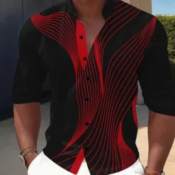 Online OUKU Men's Geometric Gradient Line Shirt Button Up Shirt Stand Collar Shirt Long Sleeve Casual Outdoor Vacation Daily Spring Fall Mandarin Collar Band Collar 3D Print Linen Like Shirt Blue Black-Red