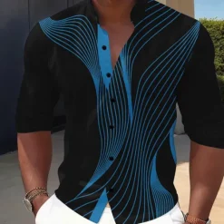 Online OUKU Men's Geometric Gradient Line Shirt Button Up Shirt Stand Collar Shirt Long Sleeve Casual Outdoor Vacation Daily Spring Fall Mandarin Collar Band Collar 3D Print Linen Like Shirt Blue Black-Red