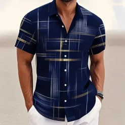 Outlet OUKU Men's Geometric Gradient Line Shirt Summer Shirt Button Up Shirt Short Sleeve Fashion Casual Outdoor Vacation Dailywear Summer Spring Turndown 3D Print Collared Shirts Front One Pocket Black Khaki