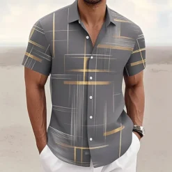 Outlet OUKU Men's Geometric Gradient Line Shirt Summer Shirt Button Up Shirt Short Sleeve Fashion Casual Outdoor Vacation Dailywear Summer Spring Turndown 3D Print Collared Shirts Front One Pocket Black Khaki