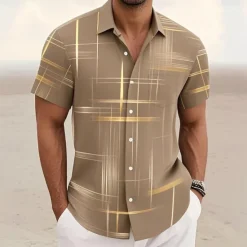 Outlet OUKU Men's Geometric Gradient Line Shirt Summer Shirt Button Up Shirt Short Sleeve Fashion Casual Outdoor Vacation Dailywear Summer Spring Turndown 3D Print Collared Shirts Front One Pocket Black Khaki