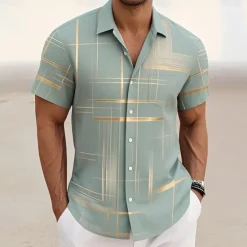 Outlet OUKU Men's Geometric Gradient Line Shirt Summer Shirt Button Up Shirt Short Sleeve Fashion Casual Outdoor Vacation Dailywear Summer Spring Turndown 3D Print Collared Shirts Front One Pocket Black Khaki