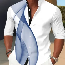 New OUKU Men's Geometric Gradient Line Shirt Stand Collar Shirt Casual Dress Shirt Long Sleeve Business Casual Vacation Home Daily Summer Spring Mandarin Collar Band Collar 3D Print Button Up Shirts Black